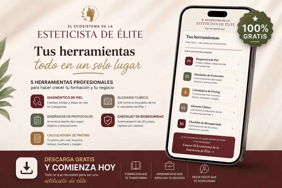 Las 5 herramientas gratuitas del ecosistema vistas en el celular: diagnóstico de piel, diseñador de protocolos, calculadora de pricing, glosario clínico y checklist de bioseguridad